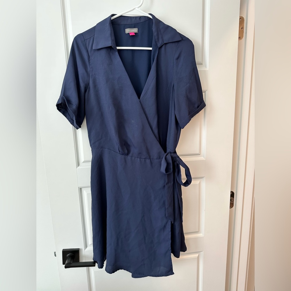 VINCE CAMUTO Wrap Dress Women's M Classic Navy Collared Surplice V-neckline M